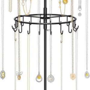 2 Tier Rotating Necklace Organizer with Jewelry Tray, Adjustable Metal Necklace